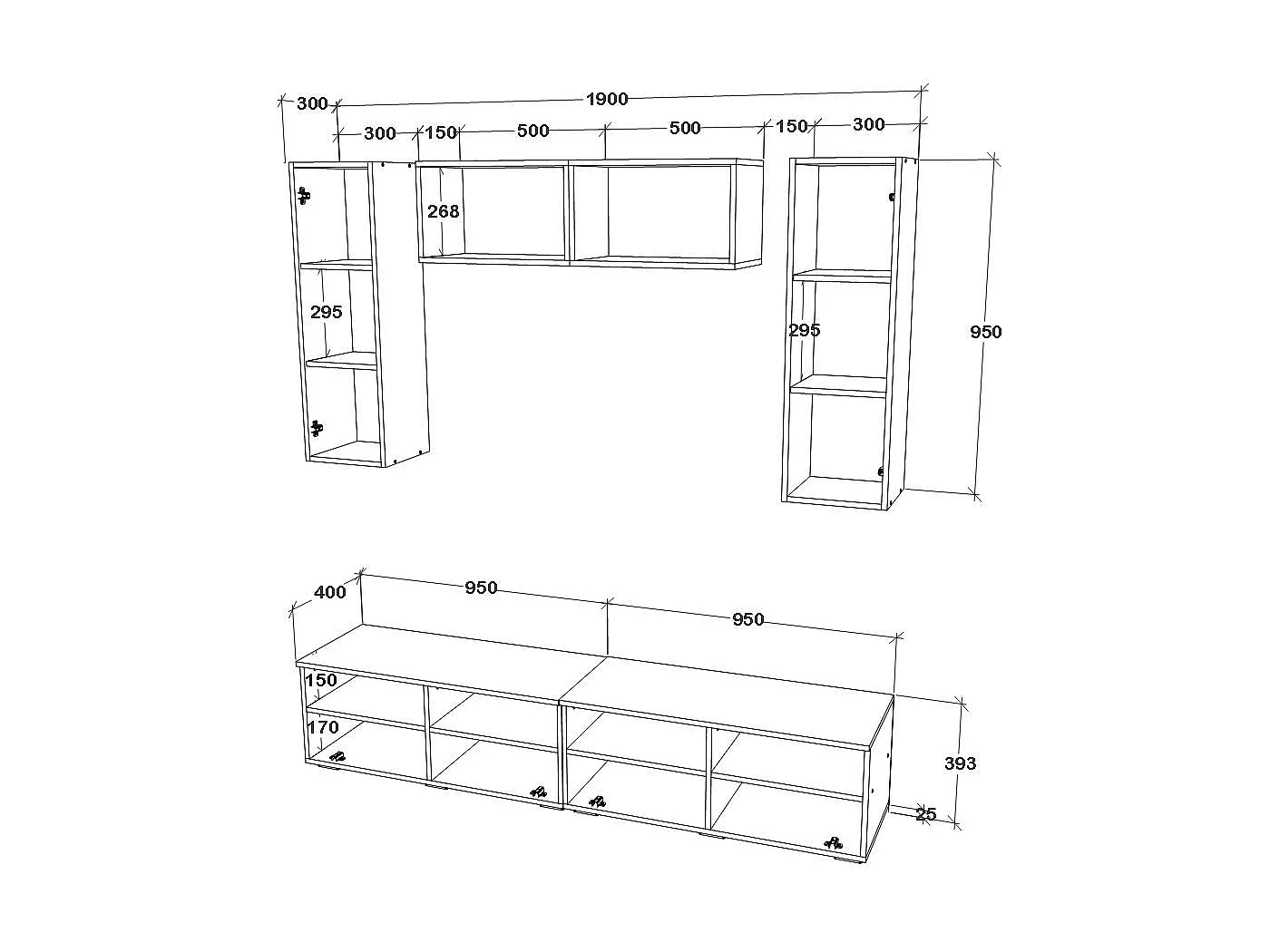 Set 6 pièces living haaus Kos V 16, meubles TV, armoires suspendues, étagères, Noir/Blanc Brillant, MDF, L 190 cm