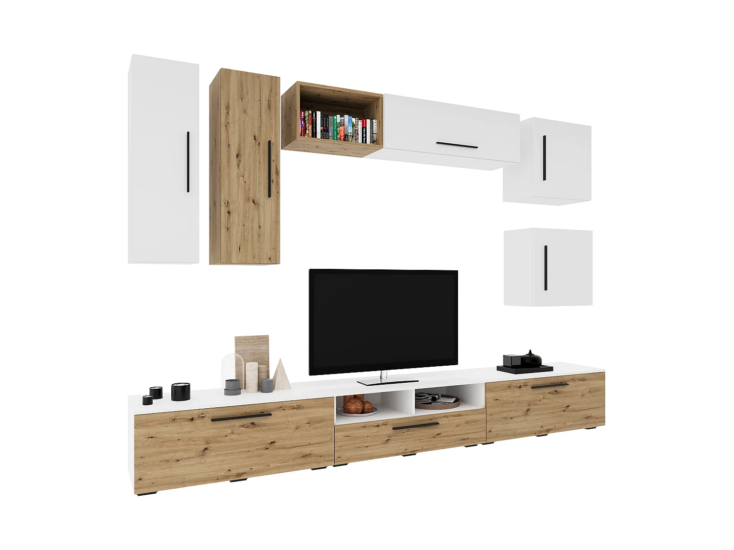 Conjunto sala haaus Kos V 1, 9 peças, móveis TV, armários suspensos, prateleiras, prateleiras com portas, Branco/Carvalho Artisan, L 285 cm