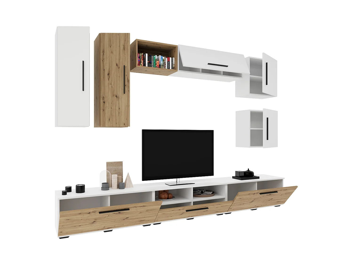 Conjunto sala haaus Kos V 1, 9 peças, móveis TV, armários suspensos, prateleiras, prateleiras com portas, Branco/Carvalho Artisan, L 285 cm