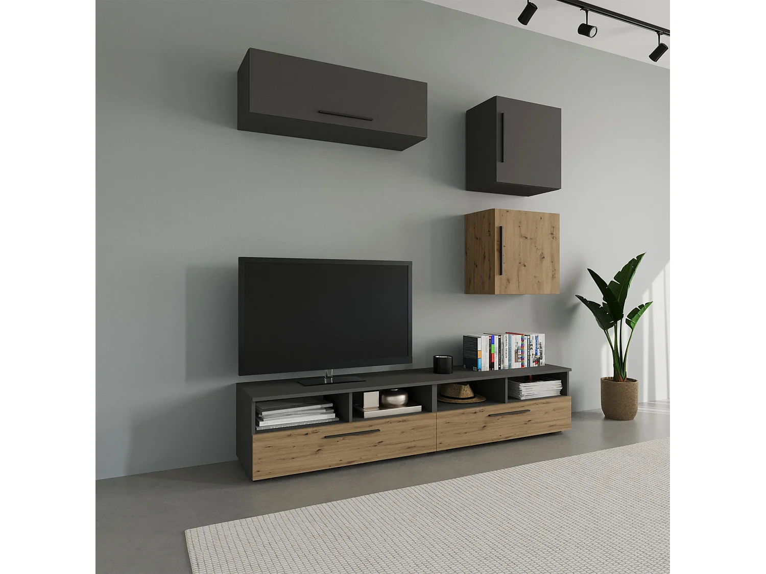 Ensemble salon haaus Kos V 15, 5 pièces, meubles TV, armoires suspendues, étagères avec portes, Anthracite/Chêne Artisan, L 190 cm