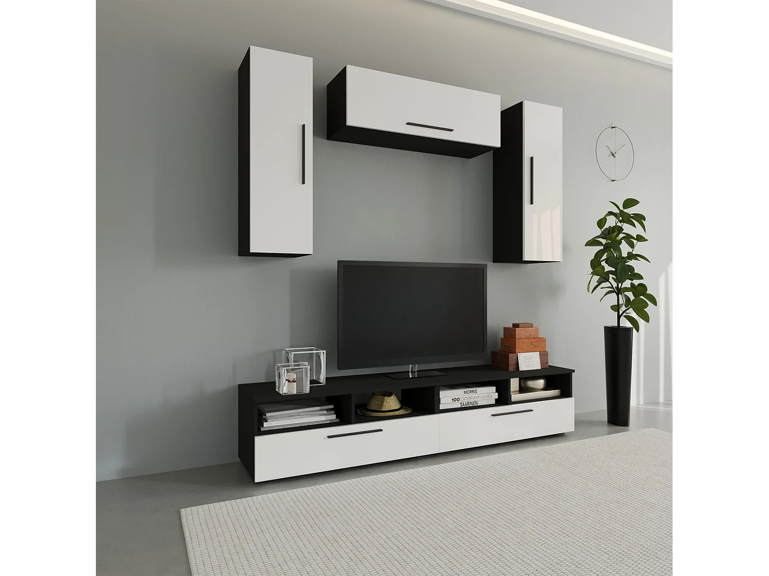 Set 5 pièces living haaus Kos V 18, meubles TV, armoires suspendues, Noir/Blanc Brillant, MDF, L 190 cm