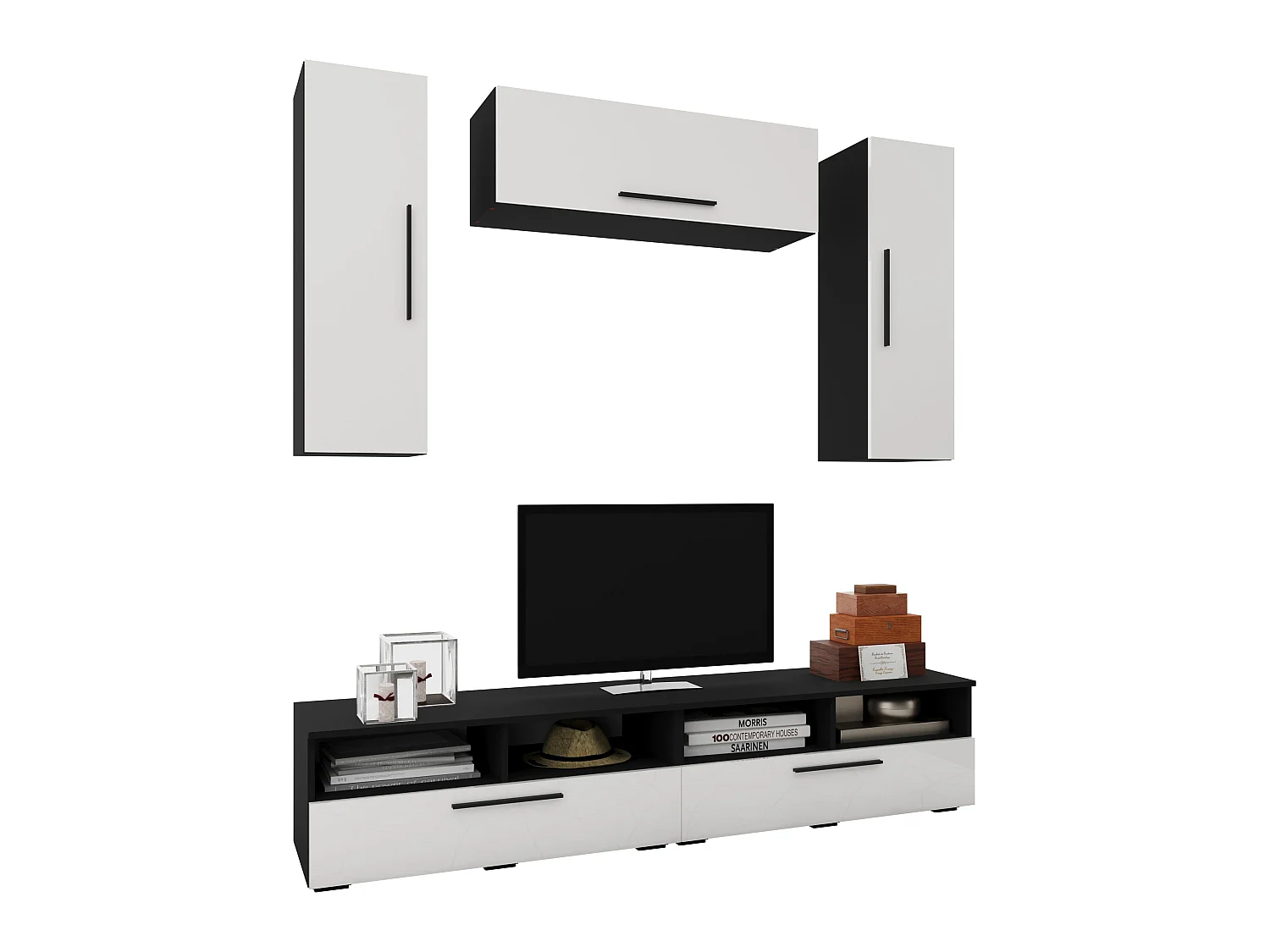 Set 5 pièces living haaus Kos V 18, meubles TV, armoires suspendues, Noir/Blanc Brillant, MDF, L 190 cm