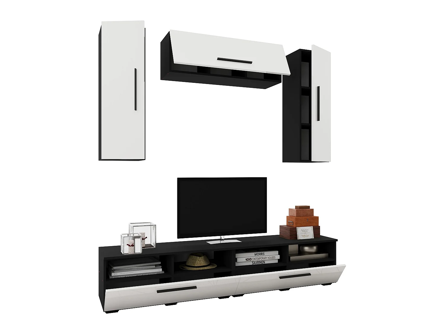 Set 5 pièces living haaus Kos V 18, meubles TV, armoires suspendues, Noir/Blanc Brillant, MDF, L 190 cm
