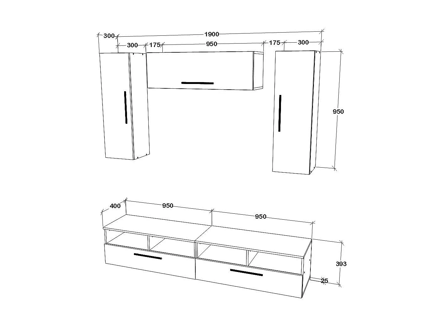 Set 5 pièces living haaus Kos V 18, meubles TV, armoires suspendues, Noir/Blanc Brillant, MDF, L 190 cm