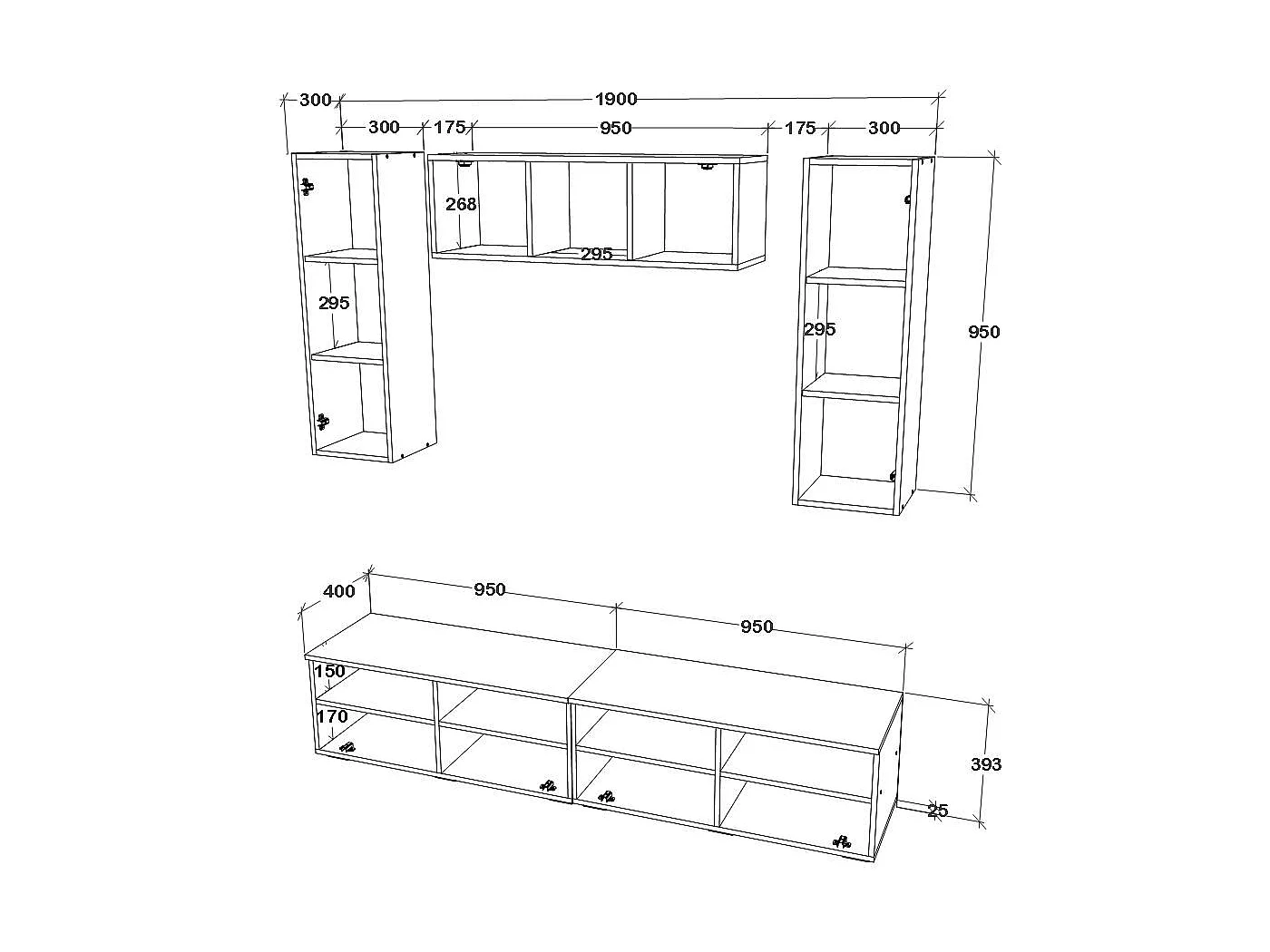 Set 5 pièces living haaus Kos V 18, meubles TV, armoires suspendues, Noir/Blanc Brillant, MDF, L 190 cm