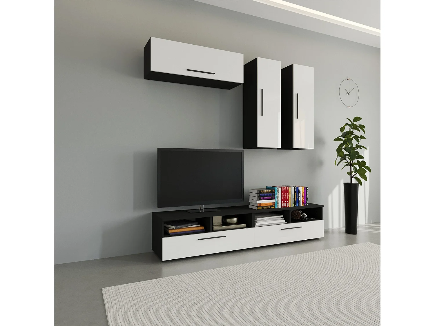 Set 5 pièces living haaus Kos V 10, meubles TV, armoires suspendues, Noir/Blanc Brillant, MDF, L 190 cm