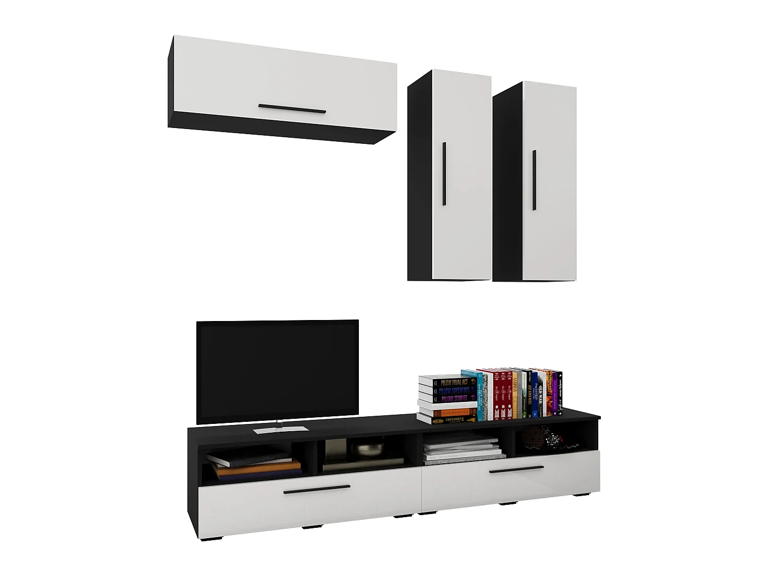 Set 5 pièces living haaus Kos V 10, meubles TV, armoires suspendues, Noir/Blanc Brillant, MDF, L 190 cm