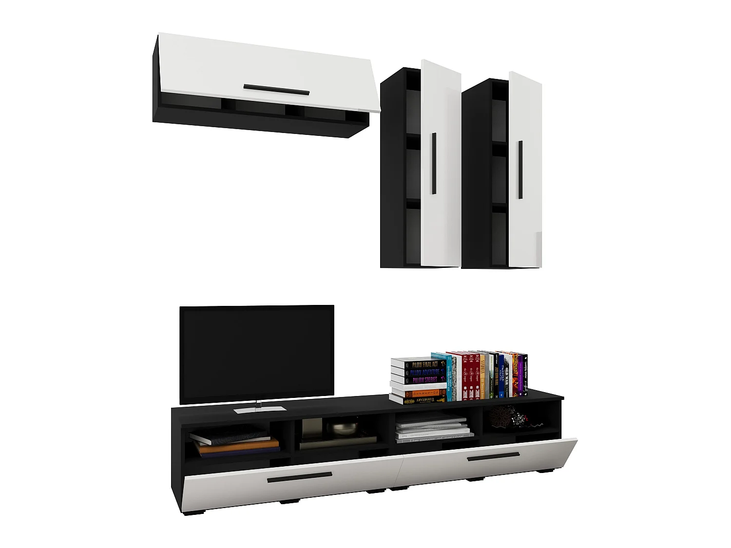 Set 5 pièces living haaus Kos V 10, meubles TV, armoires suspendues, Noir/Blanc Brillant, MDF, L 190 cm