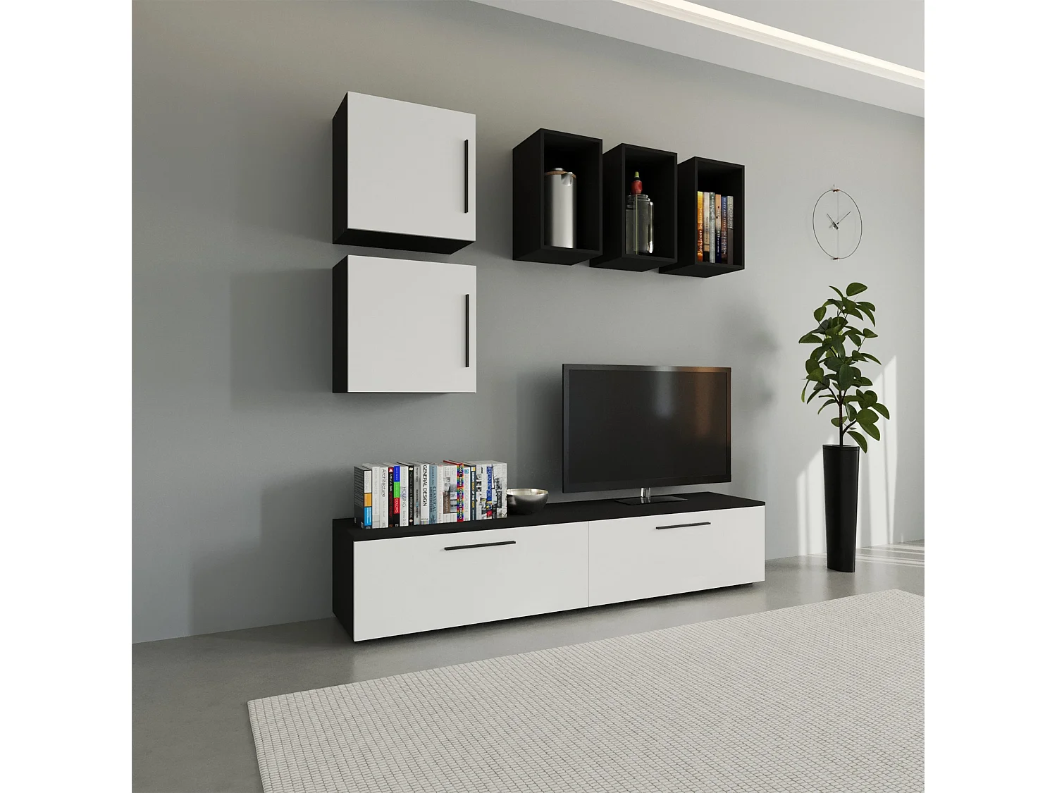 Set 7 pièces living haaus Kos V 8, meubles TV, étagères, étagères avec portes, Noir/Blanc Brillant, MDF, L 190 cm