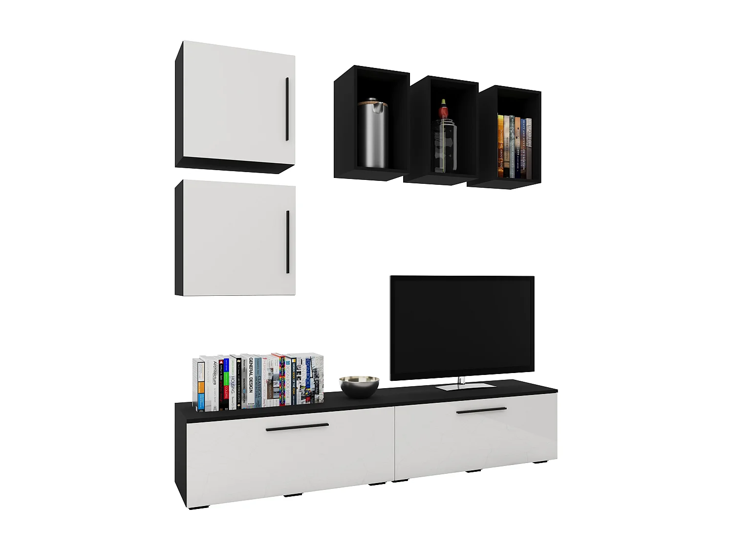 Set 7 pièces living haaus Kos V 8, meubles TV, étagères, étagères avec portes, Noir/Blanc Brillant, MDF, L 190 cm
