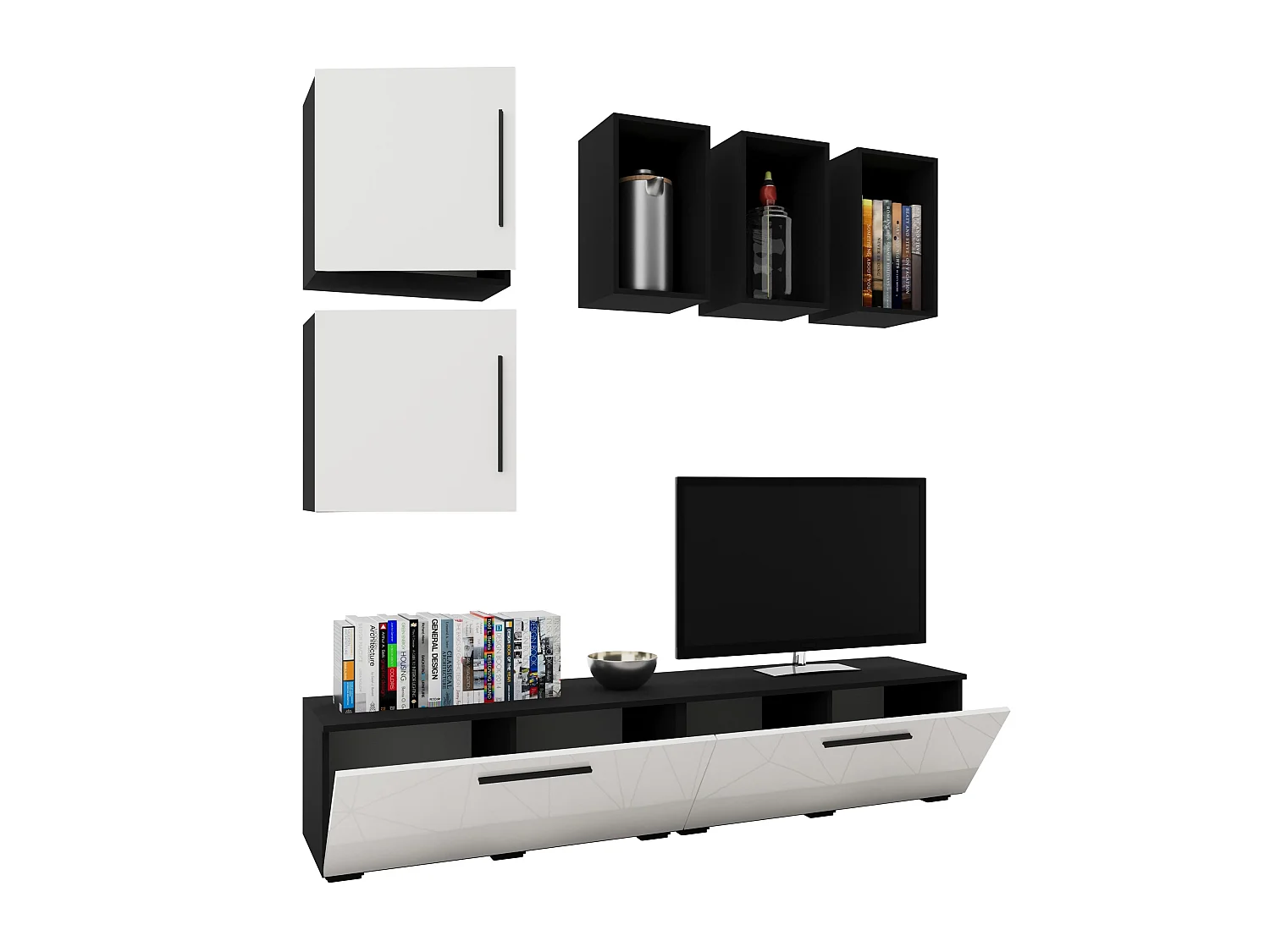 Set 7 pièces living haaus Kos V 8, meubles TV, étagères, étagères avec portes, Noir/Blanc Brillant, MDF, L 190 cm
