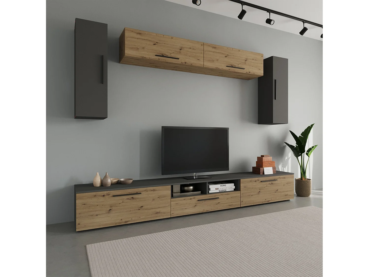 Ensemble salon haaus Kos V 6, 7 pièces, meubles TV, armoires suspendues, Anthracite/Chêne Artisan, L 285 cm