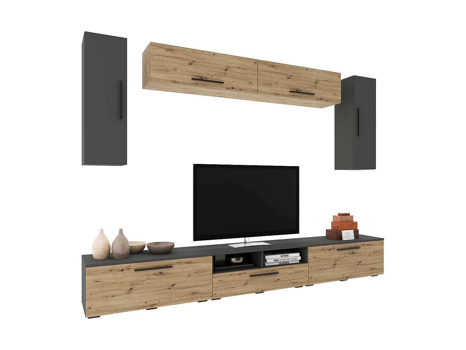 Ensemble salon haaus Kos V 6, 7 pièces, meubles TV, armoires suspendues, Anthracite/Chêne Artisan, L 285 cm
