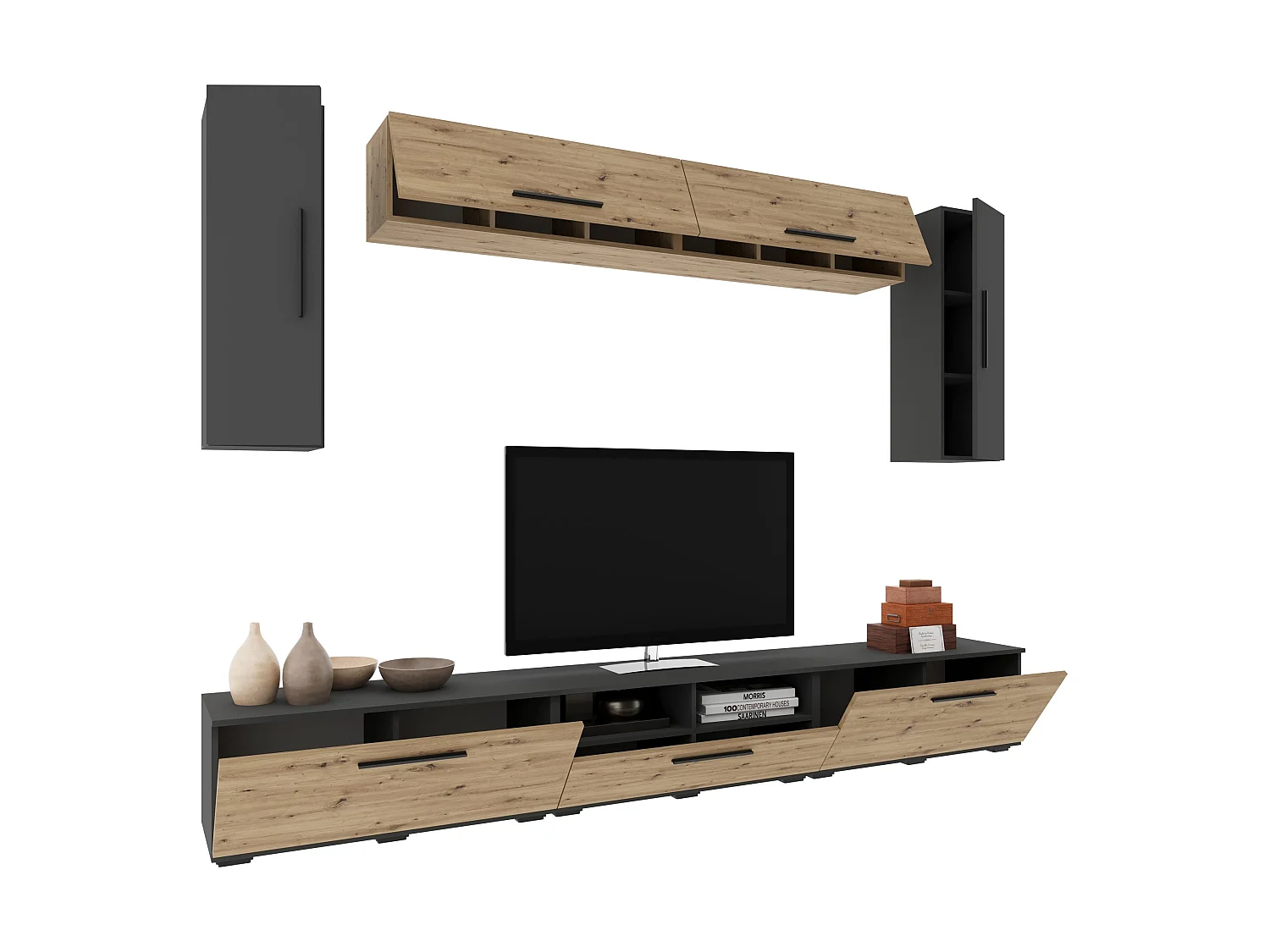Ensemble salon haaus Kos V 6, 7 pièces, meubles TV, armoires suspendues, Anthracite/Chêne Artisan, L 285 cm