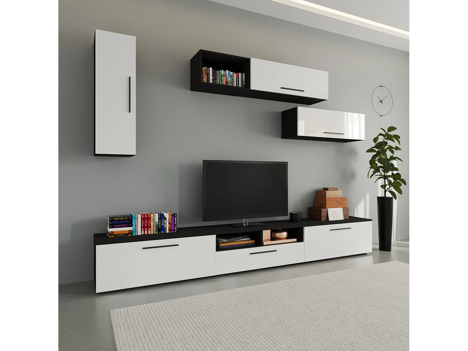 Set 7 pièces living haaus Kos V 19, meubles TV, armoires suspendues, étagères, Noir/Blanc Brillant, MDF, L 285 cm