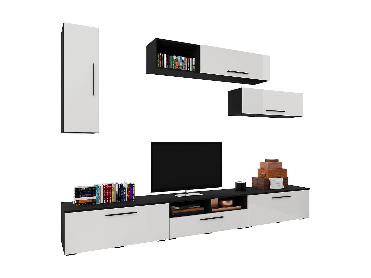 Set 7 pièces living haaus Kos V 19, meubles TV, armoires suspendues, étagères, Noir/Blanc Brillant, MDF, L 285 cm
