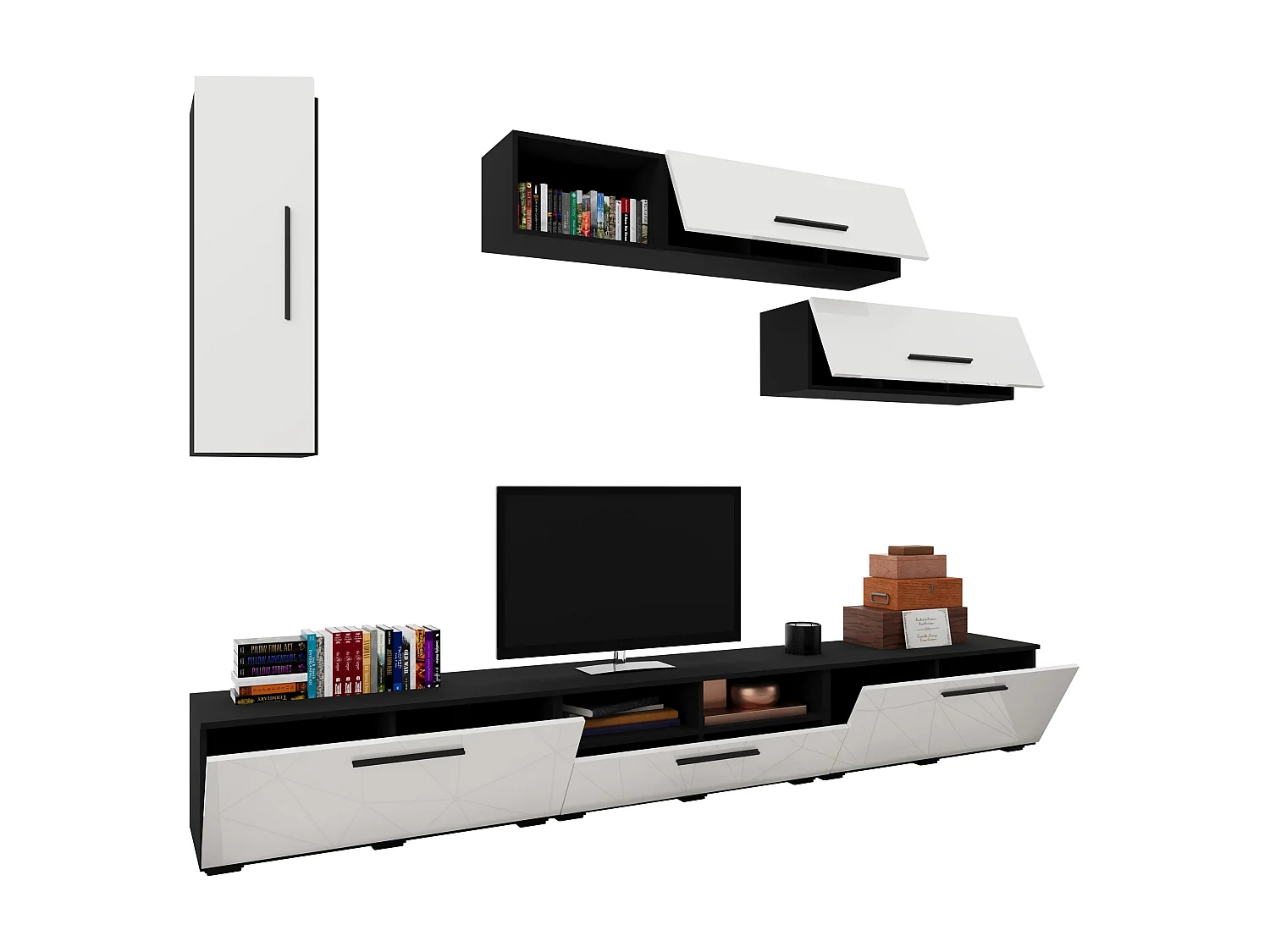 Set 7 pièces living haaus Kos V 19, meubles TV, armoires suspendues, étagères, Noir/Blanc Brillant, MDF, L 285 cm