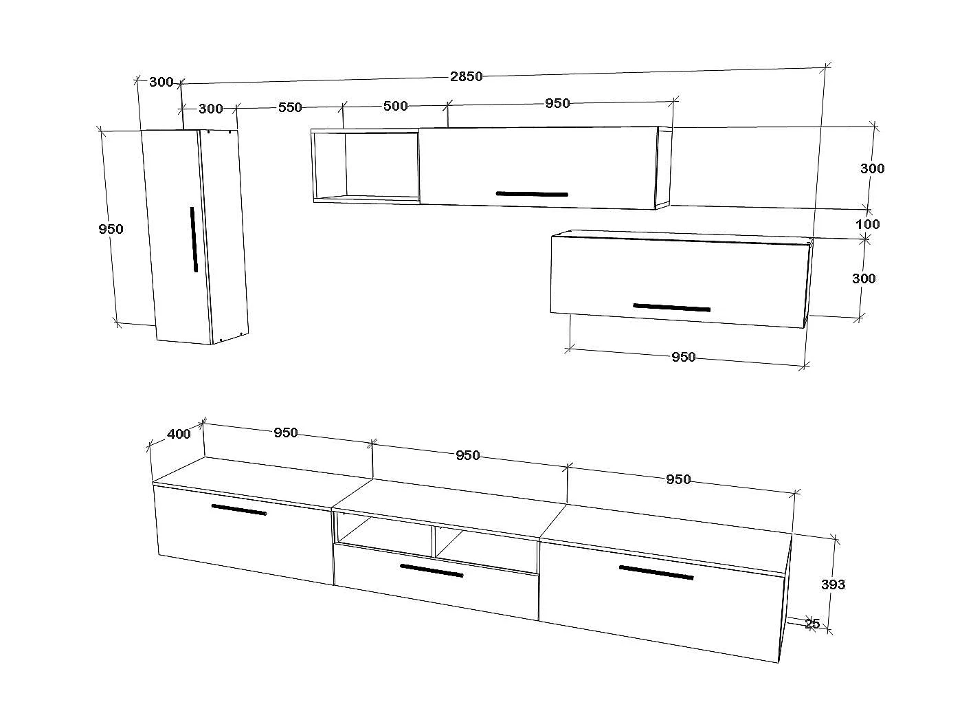 Set 7 pièces living haaus Kos V 19, meubles TV, armoires suspendues, étagères, Noir/Blanc Brillant, MDF, L 285 cm