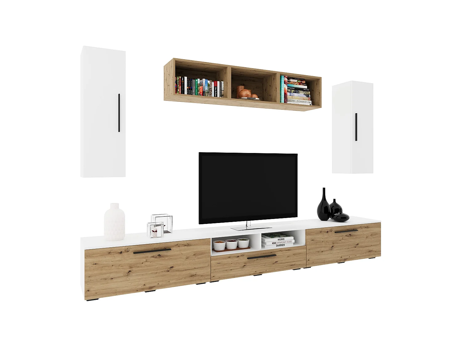Conjunto sala haaus Kos V 2, 8 peças, móveis TV, armários suspensos, prateleiras, Branco/Carvalho Artisan, L 285 cm