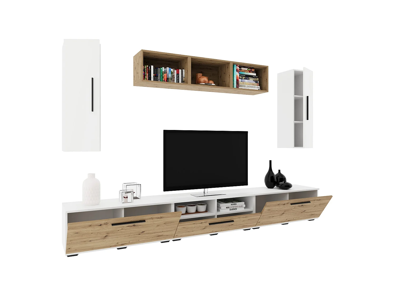 Conjunto sala haaus Kos V 2, 8 peças, móveis TV, armários suspensos, prateleiras, Branco/Carvalho Artisan, L 285 cm