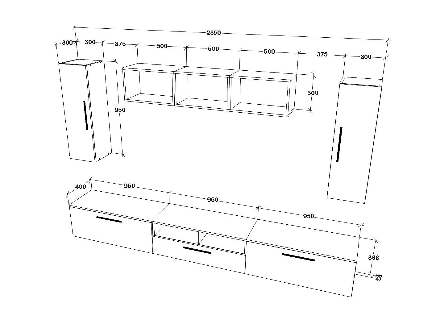 Conjunto sala haaus Kos V 2, 8 peças, móveis TV, armários suspensos, prateleiras, Branco/Carvalho Artisan, L 285 cm