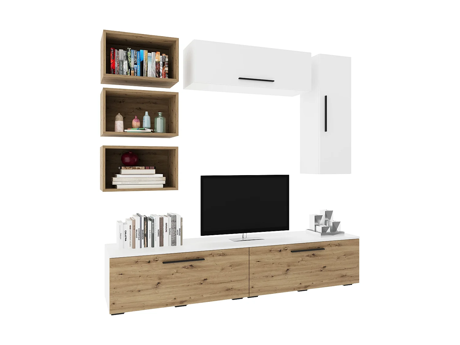 Conjunto sala haaus Kos V 14, 7 peças, móveis TV, armários suspensos, prateleiras, Branco/Carvalho Artisan, L 190 cm