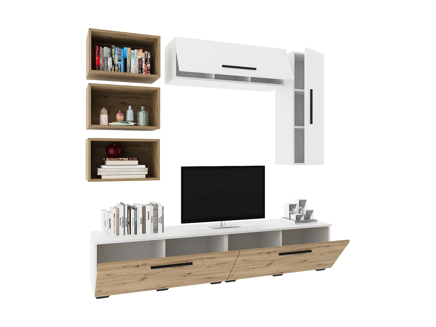 Conjunto sala haaus Kos V 14, 7 peças, móveis TV, armários suspensos, prateleiras, Branco/Carvalho Artisan, L 190 cm