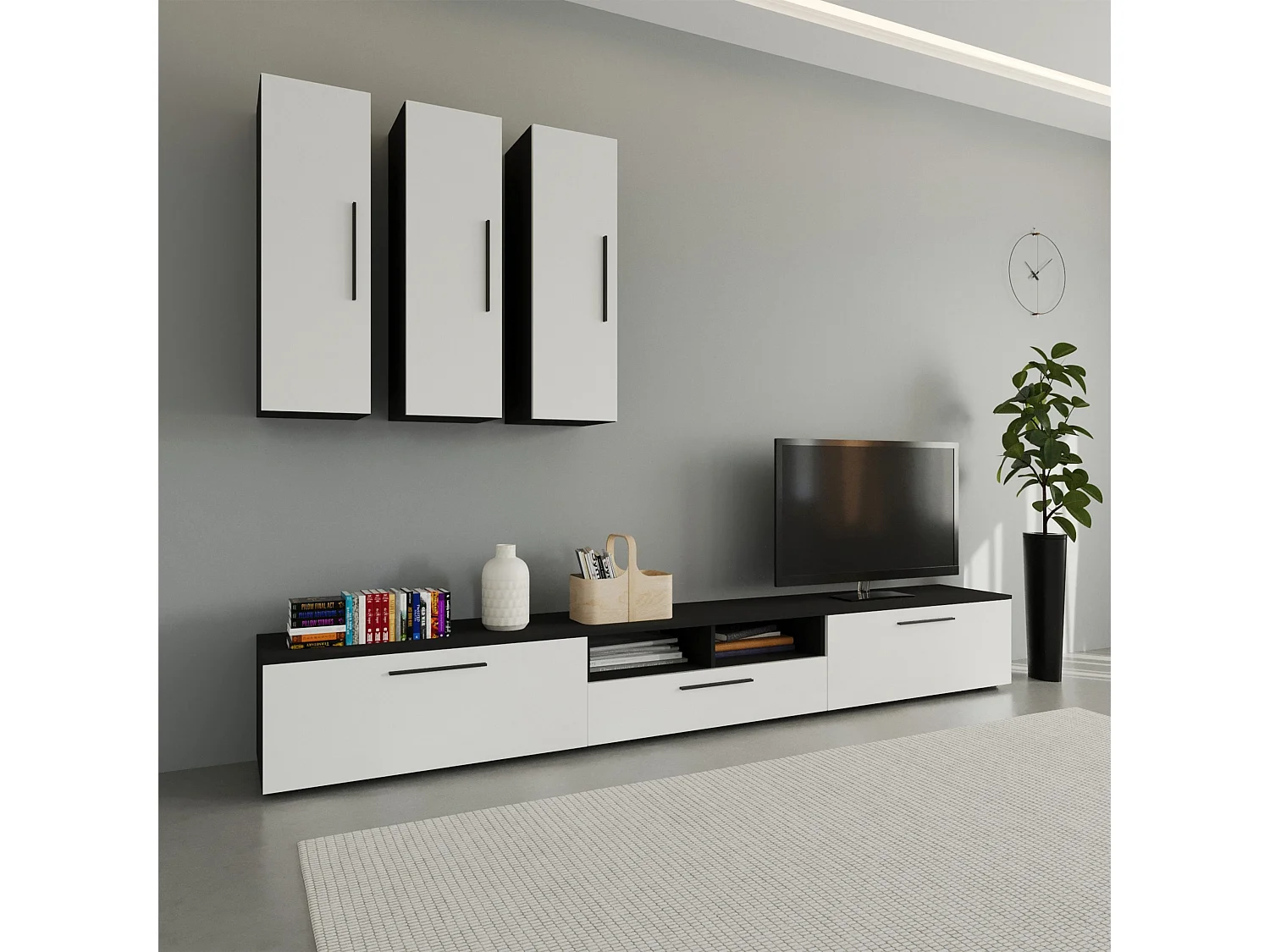 Set 6 pièces living haaus Kos V 7, meubles TV, armoires suspendues, Noir/Blanc Brillant, MDF, L 285 cm