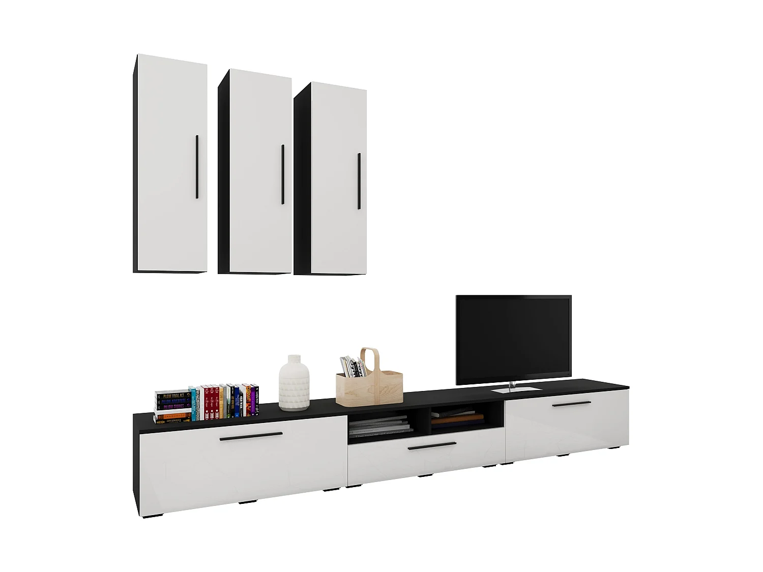 Set 6 pièces living haaus Kos V 7, meubles TV, armoires suspendues, Noir/Blanc Brillant, MDF, L 285 cm