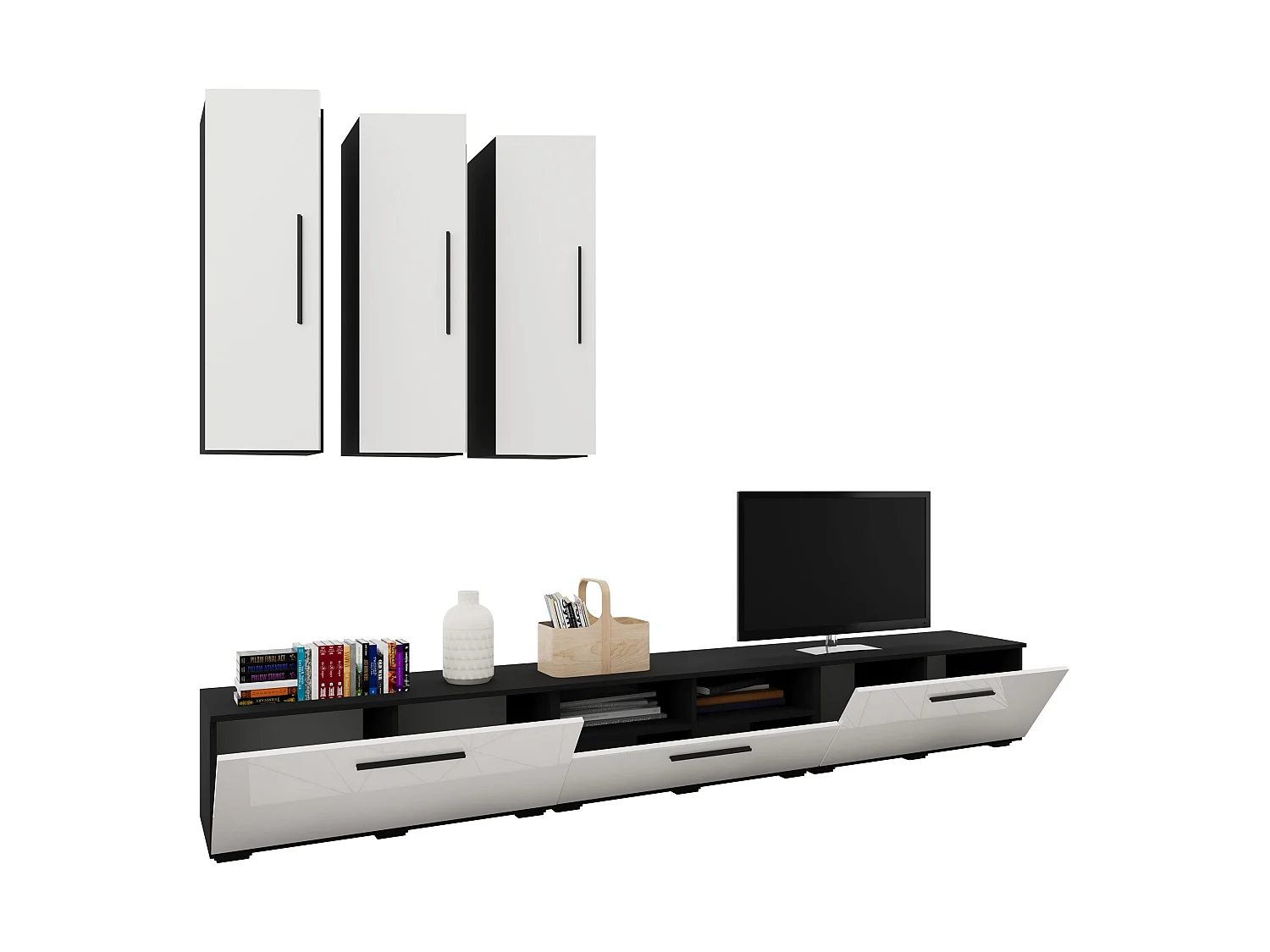Set 6 pièces living haaus Kos V 7, meubles TV, armoires suspendues, Noir/Blanc Brillant, MDF, L 285 cm