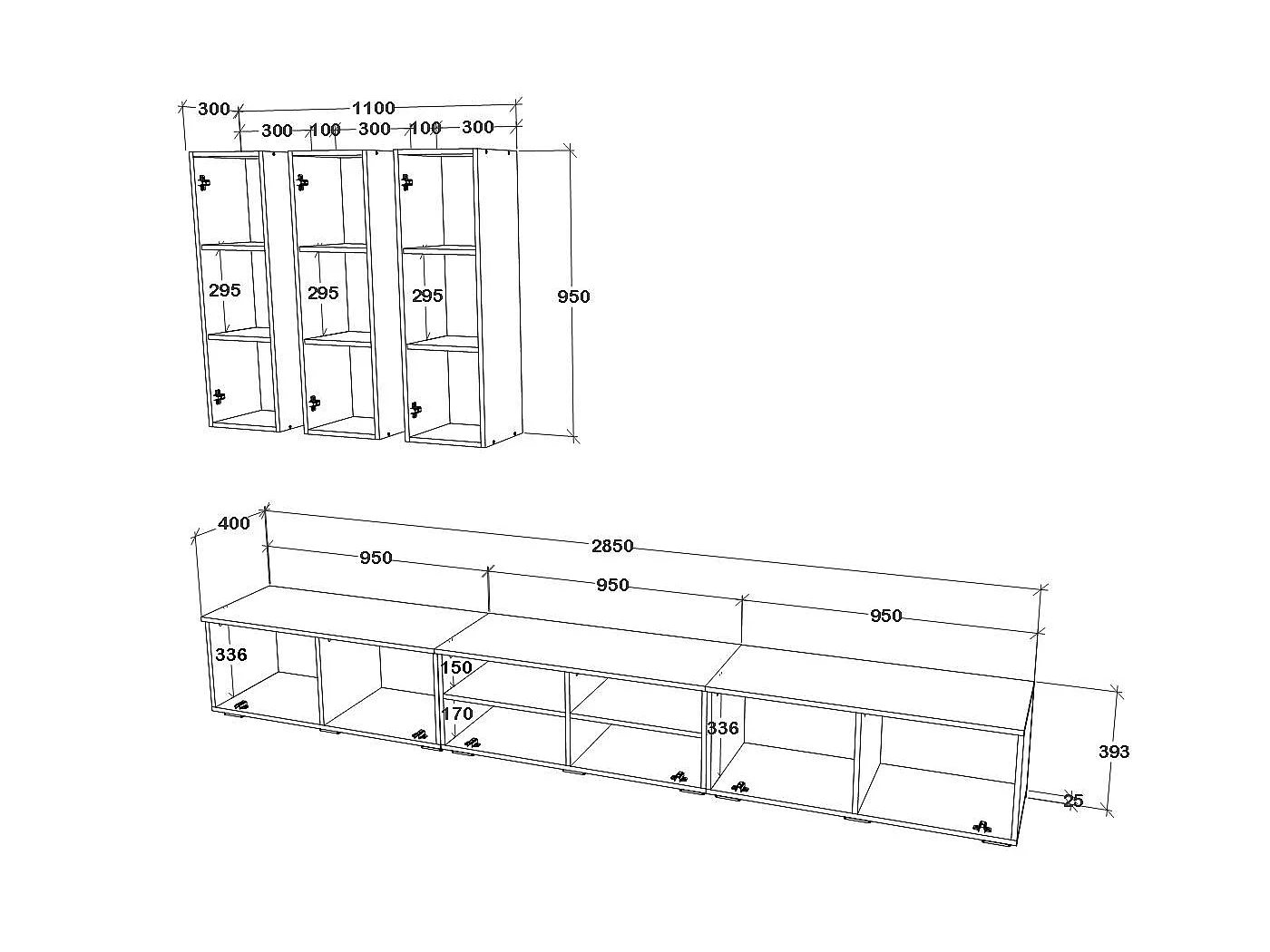 Set 6 pièces living haaus Kos V 7, meubles TV, armoires suspendues, Noir/Blanc Brillant, MDF, L 285 cm