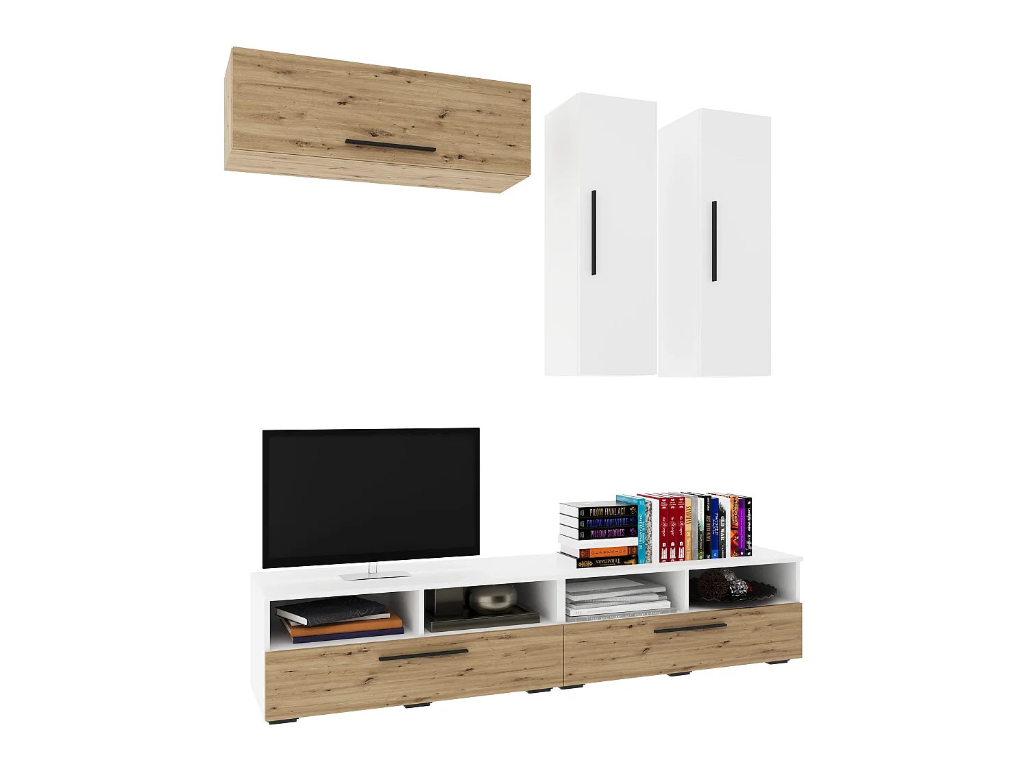 Conjunto sala haaus Kos V 10, 5 peças, móveis TV, armários suspensos, Branco/Carvalho Artisan, L 190 cm