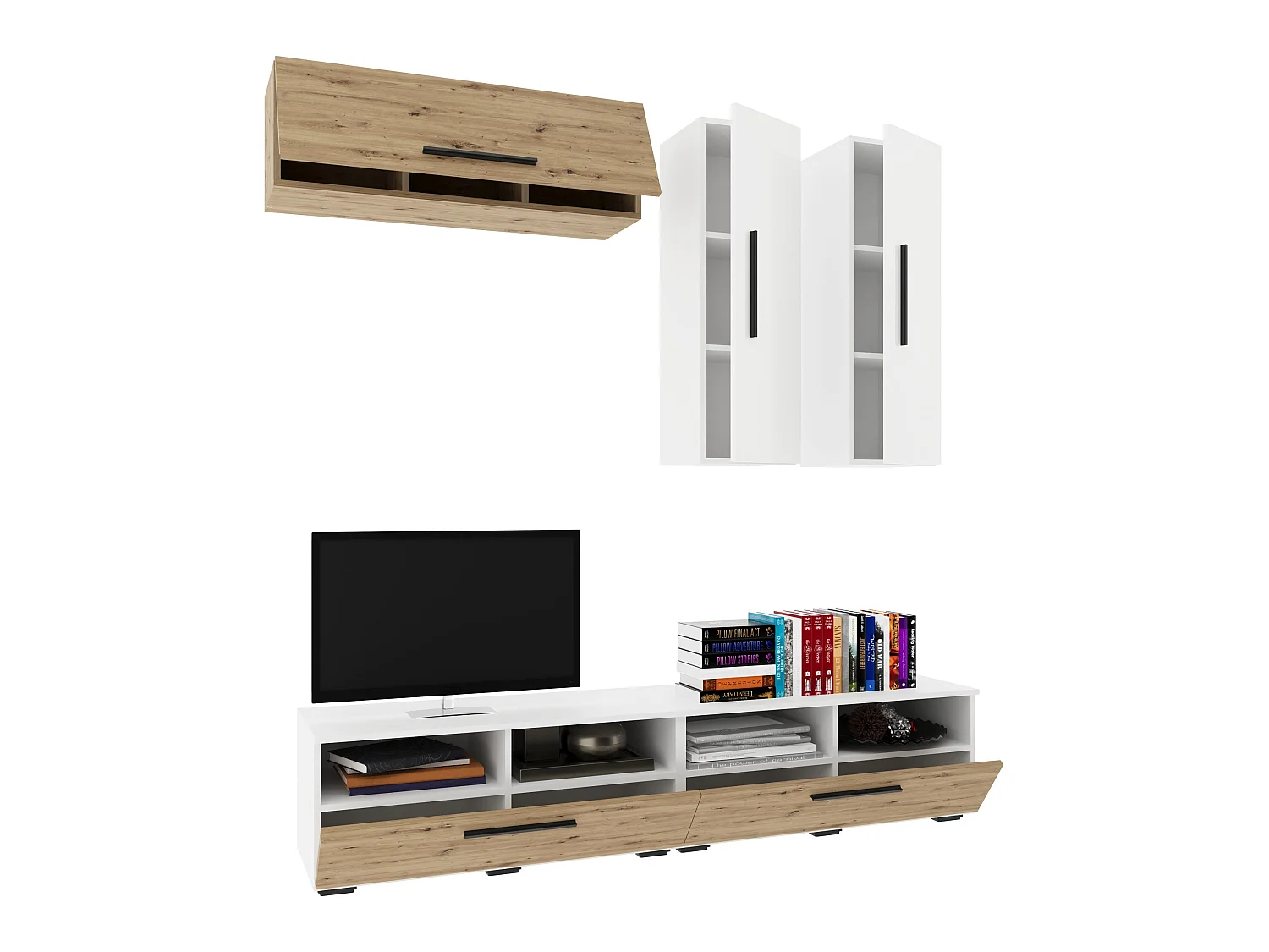 Conjunto sala haaus Kos V 10, 5 peças, móveis TV, armários suspensos, Branco/Carvalho Artisan, L 190 cm