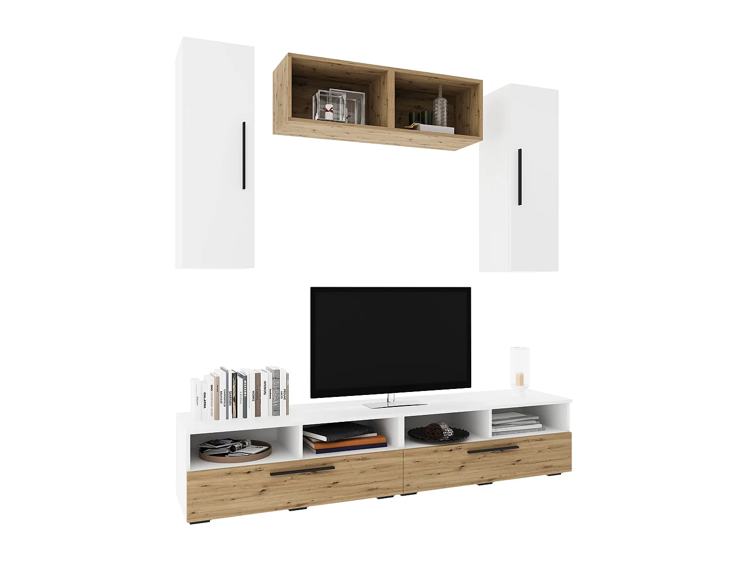 Conjunto sala haaus Kos V 16, 6 peças, móveis TV, armários suspensos, prateleiras, Branco/Carvalho Artisan, L 190 cm