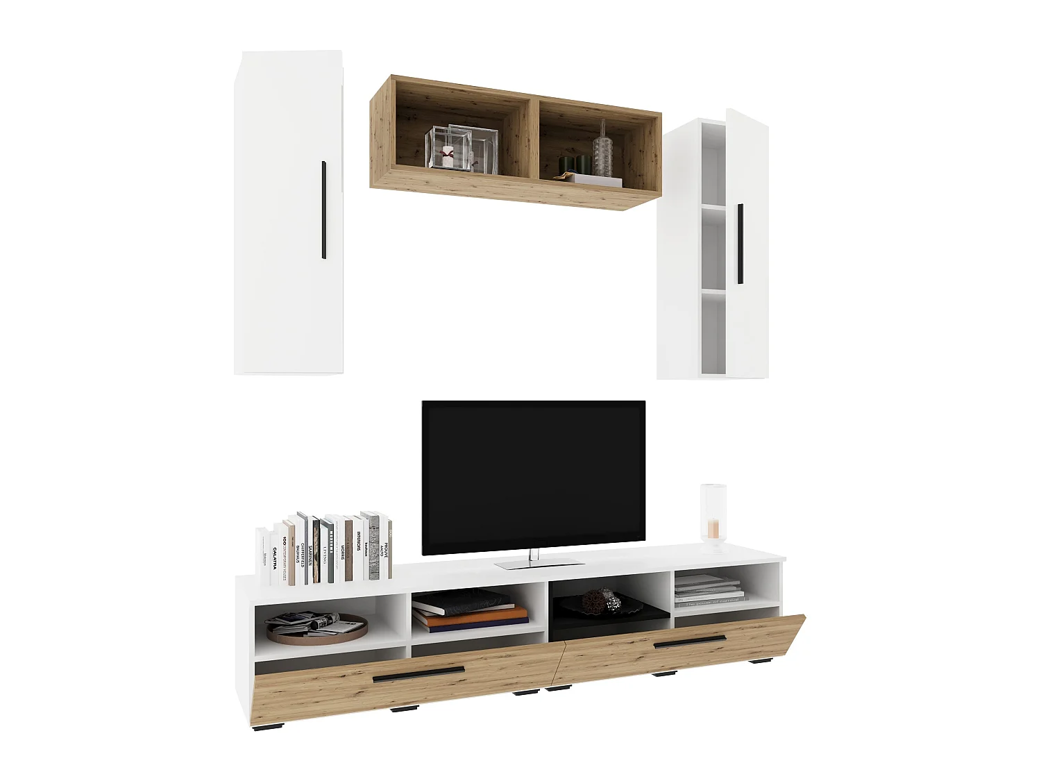 Conjunto sala haaus Kos V 16, 6 peças, móveis TV, armários suspensos, prateleiras, Branco/Carvalho Artisan, L 190 cm