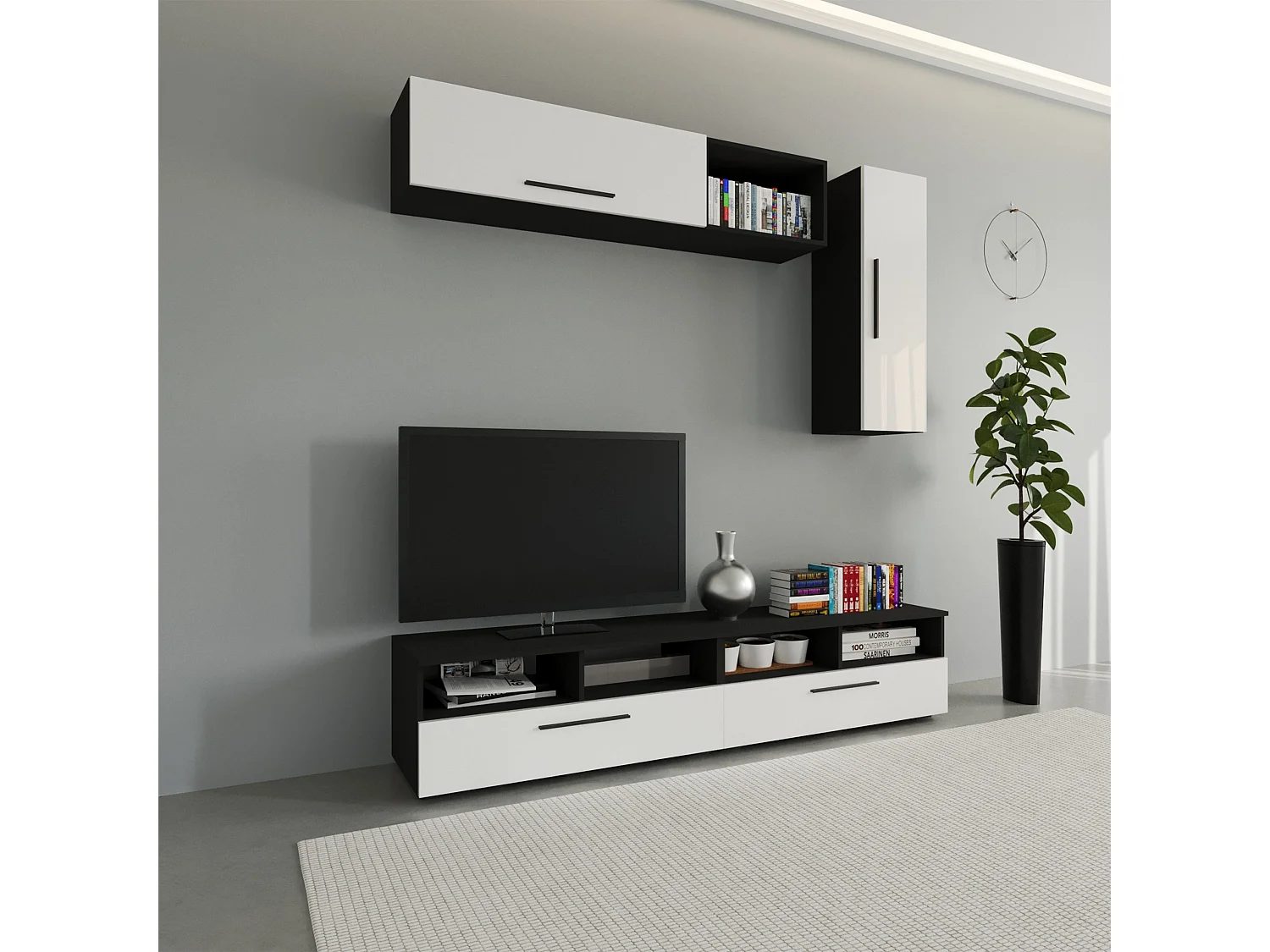 Set 5 pièces living haaus Kos V 13, meubles TV, armoires suspendues, étagères, Noir/Blanc Brillant, MDF, L 190 cm