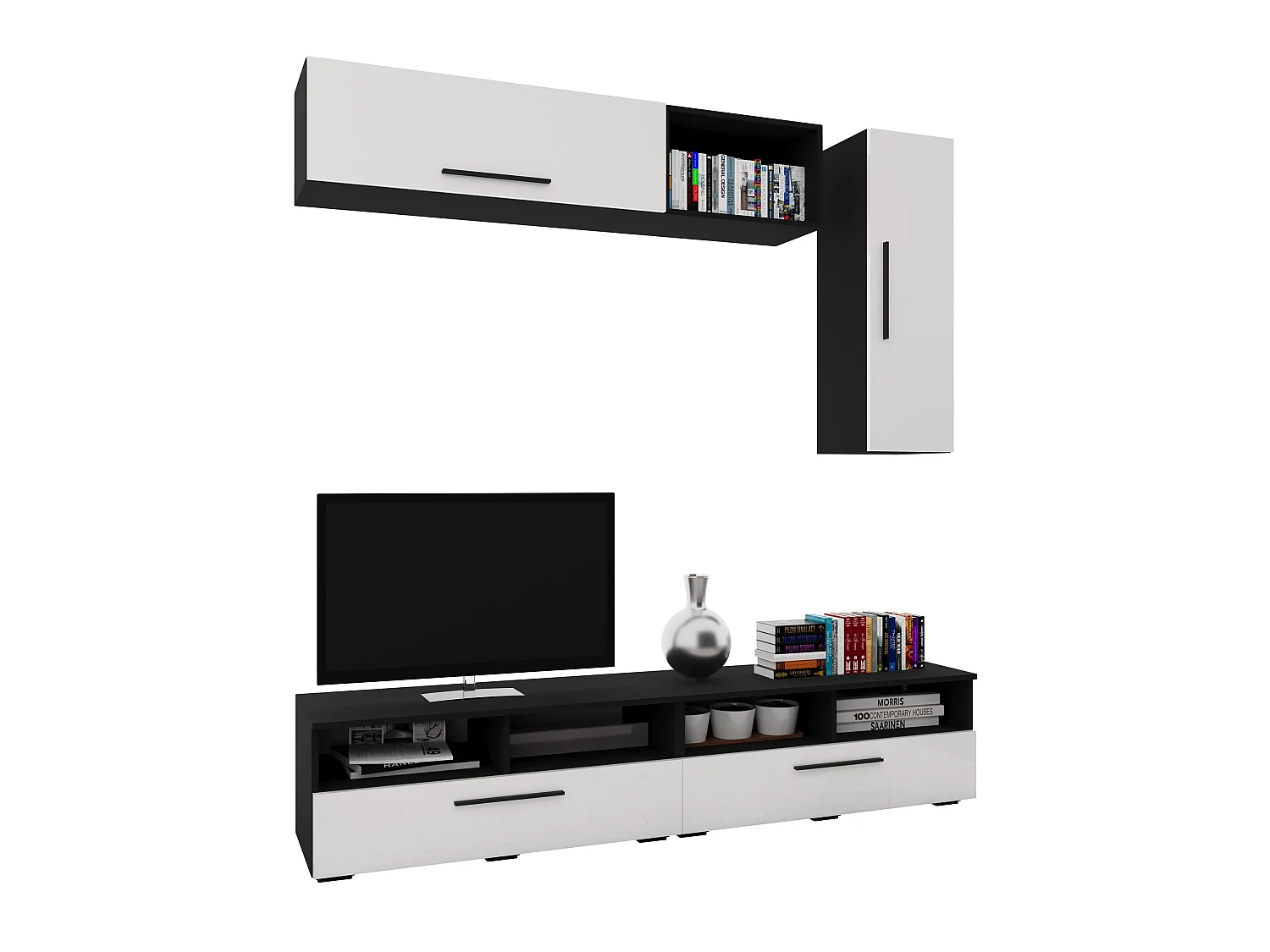 Set 5 pièces living haaus Kos V 13, meubles TV, armoires suspendues, étagères, Noir/Blanc Brillant, MDF, L 190 cm