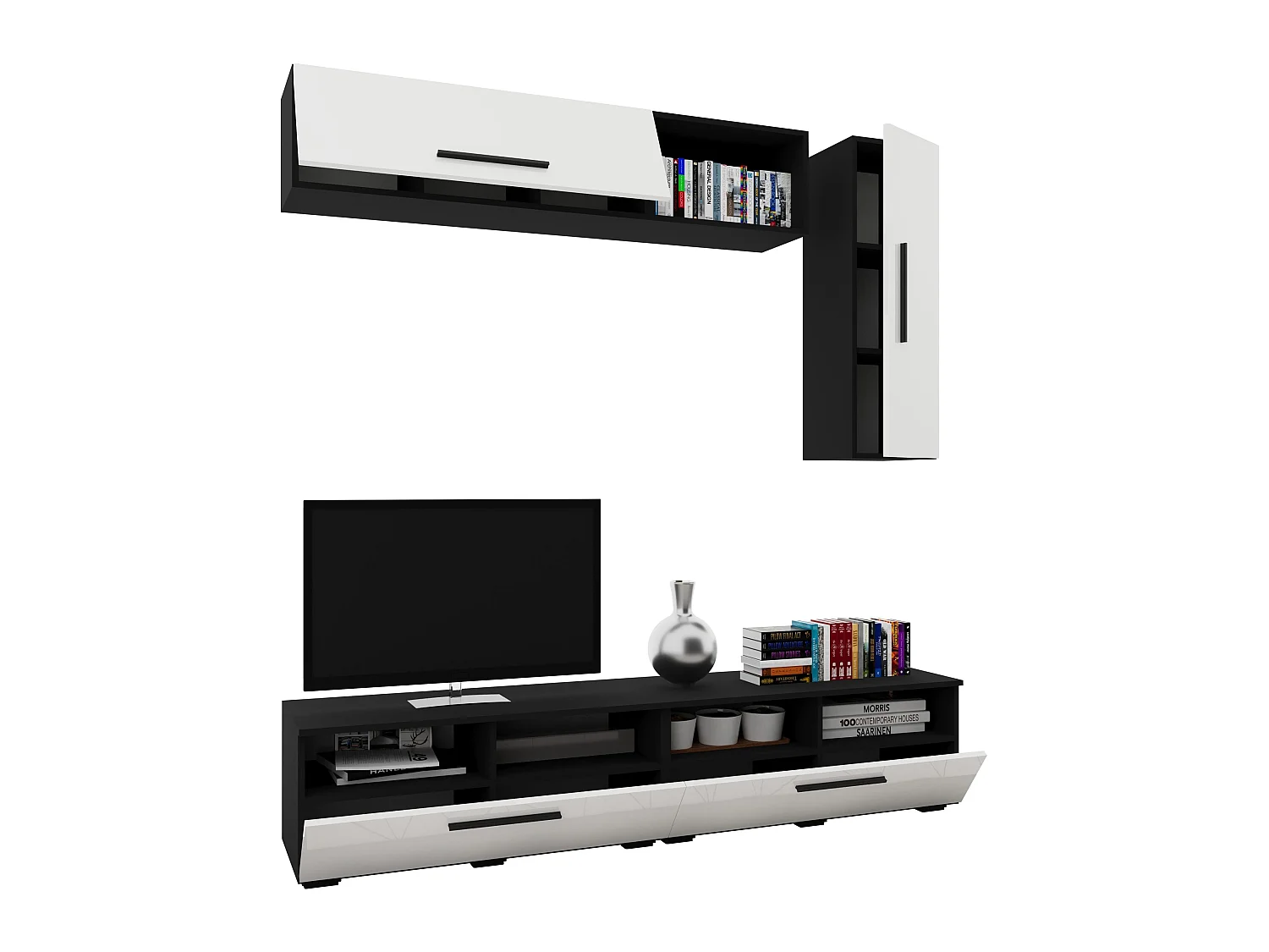 Set 5 pièces living haaus Kos V 13, meubles TV, armoires suspendues, étagères, Noir/Blanc Brillant, MDF, L 190 cm