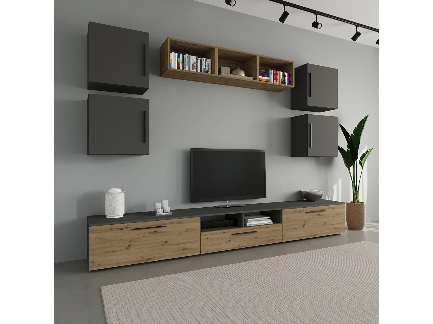 Ensemble salon haaus Kos V 3, 10 pièces, meubles TV, étagères, étagères avec portes, Anthracite/Chêne Artisan, L 285 cm