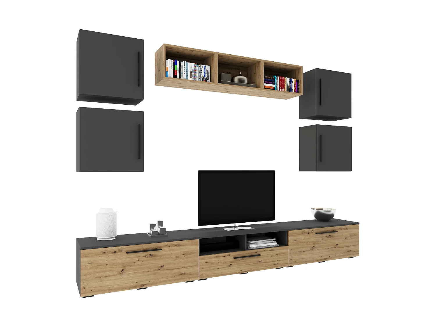 Ensemble salon haaus Kos V 3, 10 pièces, meubles TV, étagères, étagères avec portes, Anthracite/Chêne Artisan, L 285 cm