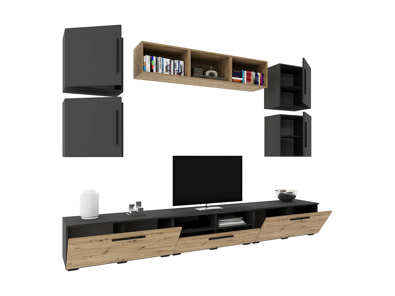 Ensemble salon haaus Kos V 3, 10 pièces, meubles TV, étagères, étagères avec portes, Anthracite/Chêne Artisan, L 285 cm