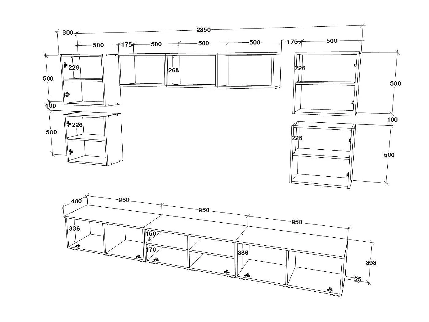 Ensemble salon haaus Kos V 3, 10 pièces, meubles TV, étagères, étagères avec portes, Anthracite/Chêne Artisan, L 285 cm