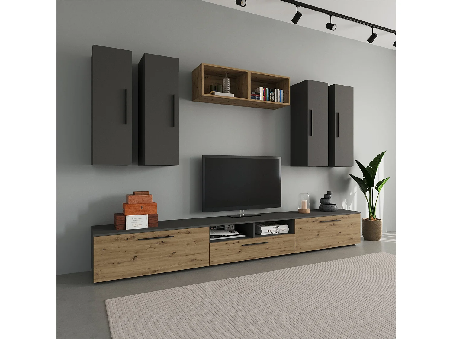 Ensemble salon haaus Kos V 4, 9 pièces, meubles TV, armoires suspendues, étagères, Anthracite/Chêne Artisan, L 285 cm