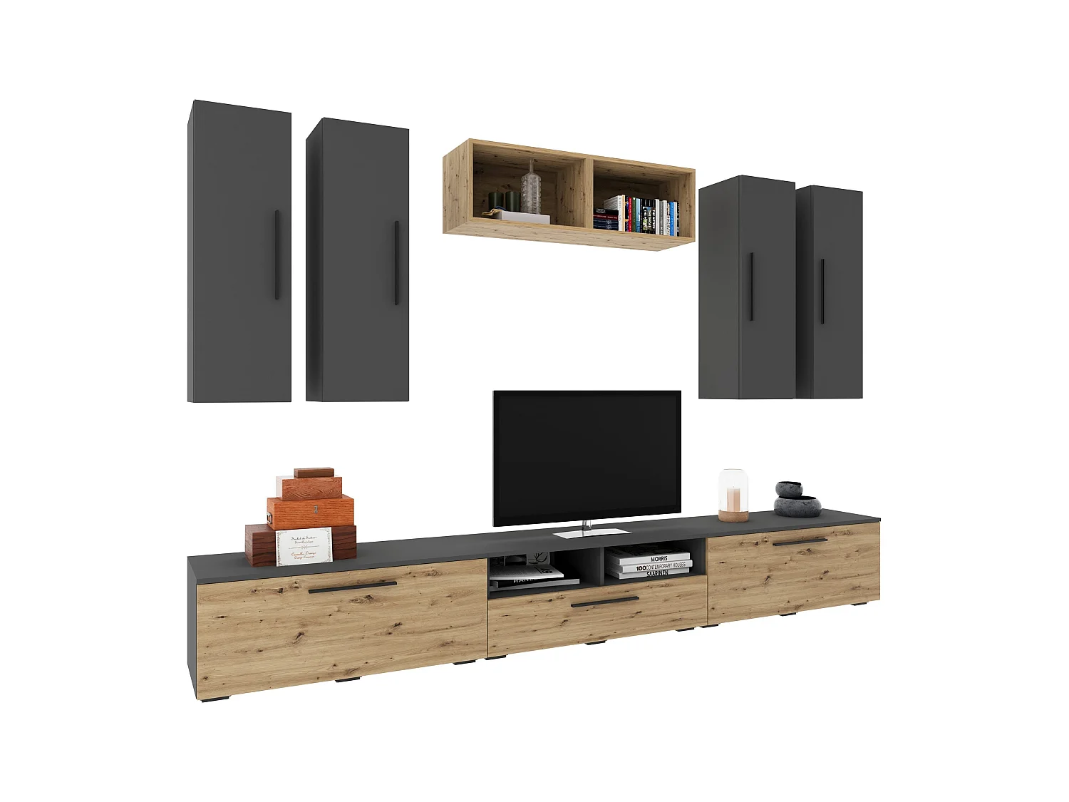 Ensemble salon haaus Kos V 4, 9 pièces, meubles TV, armoires suspendues, étagères, Anthracite/Chêne Artisan, L 285 cm