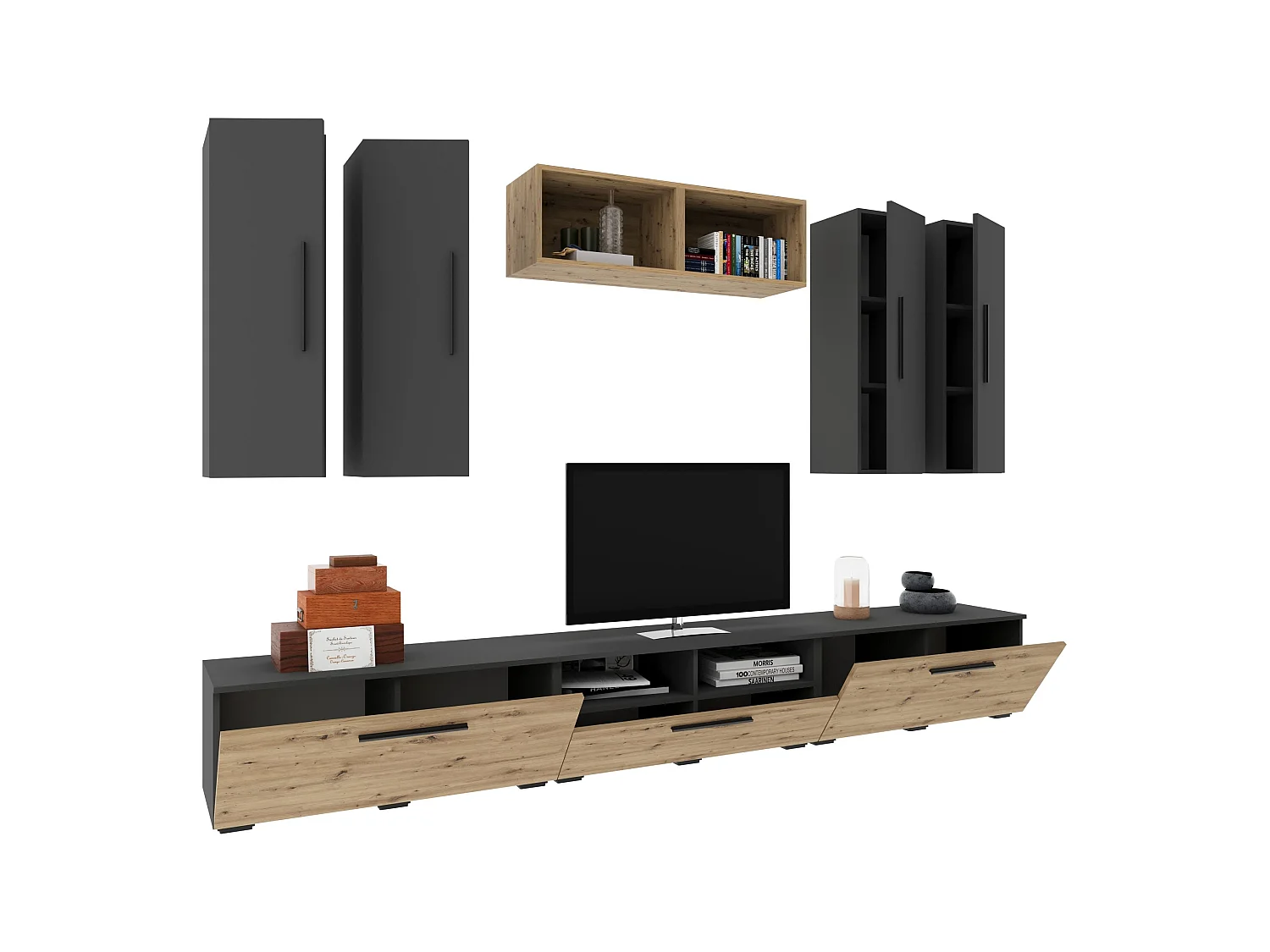Ensemble salon haaus Kos V 4, 9 pièces, meubles TV, armoires suspendues, étagères, Anthracite/Chêne Artisan, L 285 cm