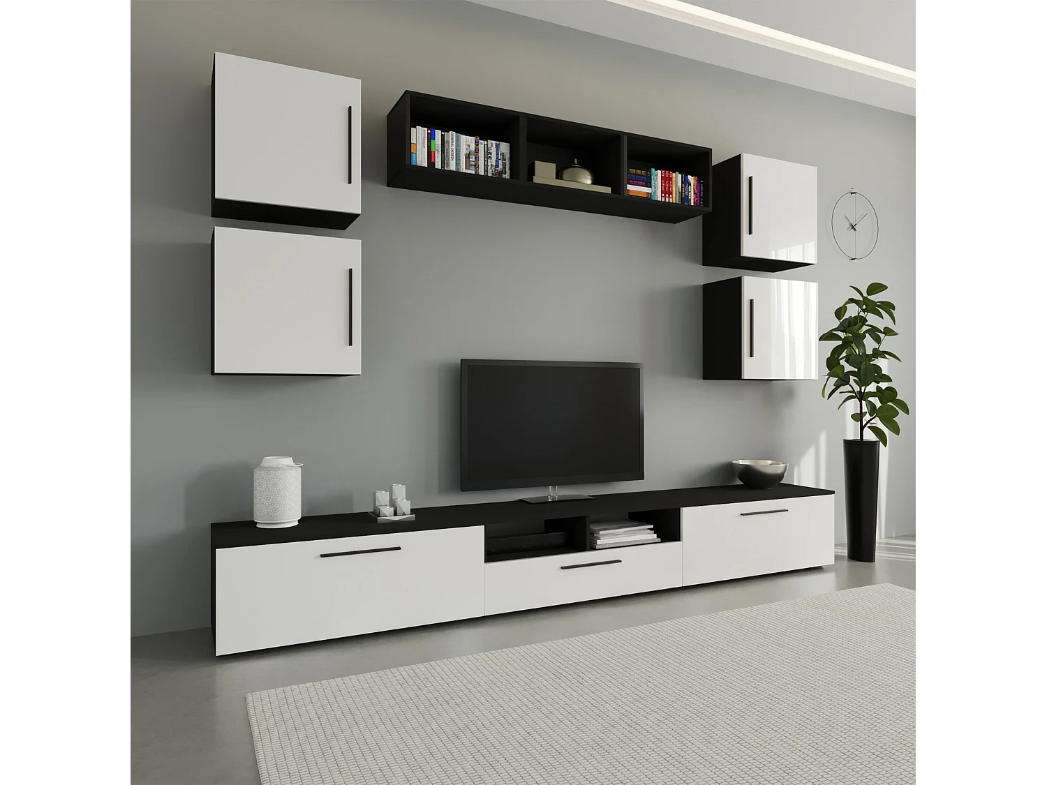 Set 10 pièces living haaus Kos V 3, meubles TV, étagères, étagères avec portes, Noir/Blanc Brillant, MDF, L 285 cm