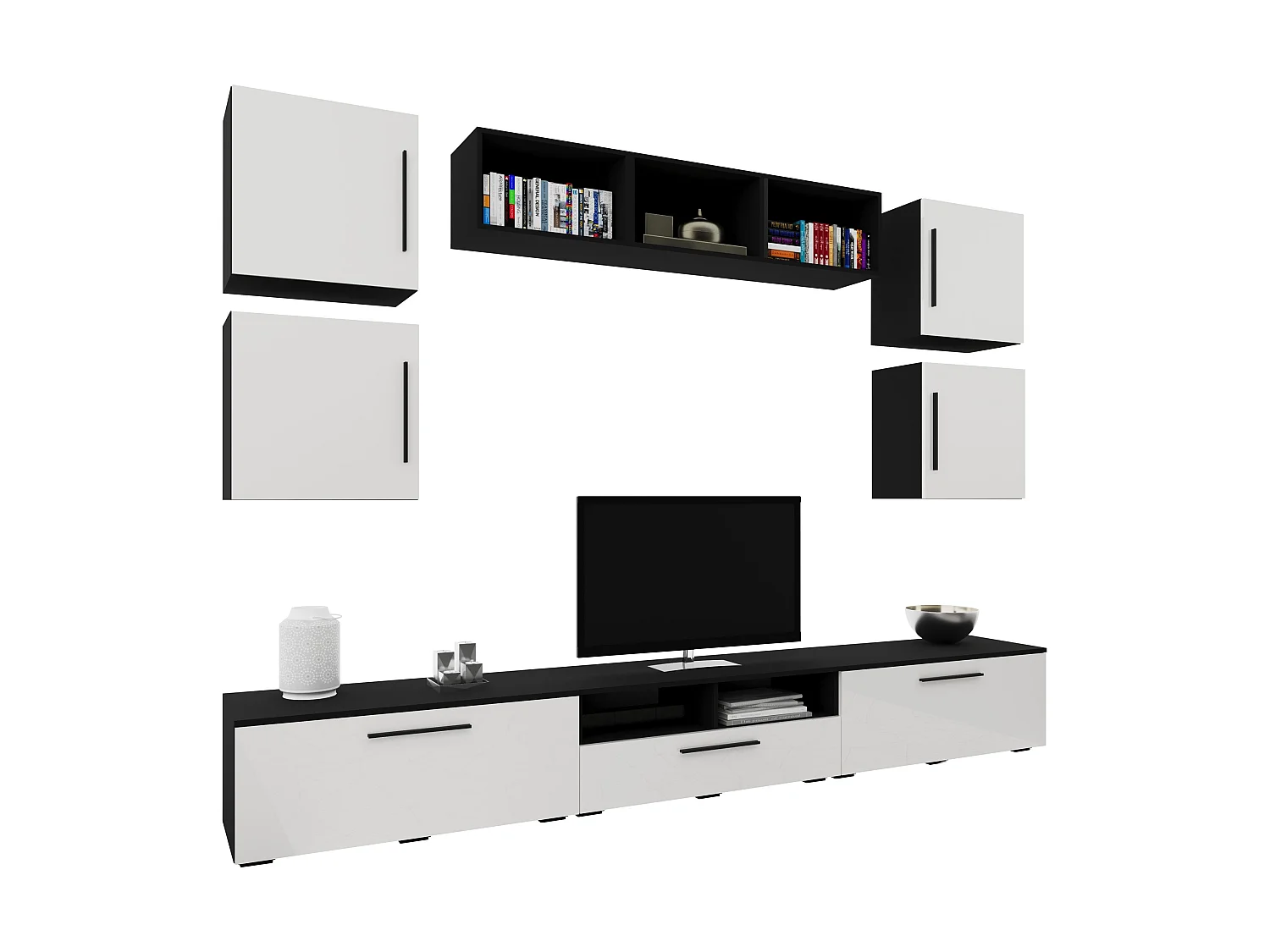 Set 10 pièces living haaus Kos V 3, meubles TV, étagères, étagères avec portes, Noir/Blanc Brillant, MDF, L 285 cm