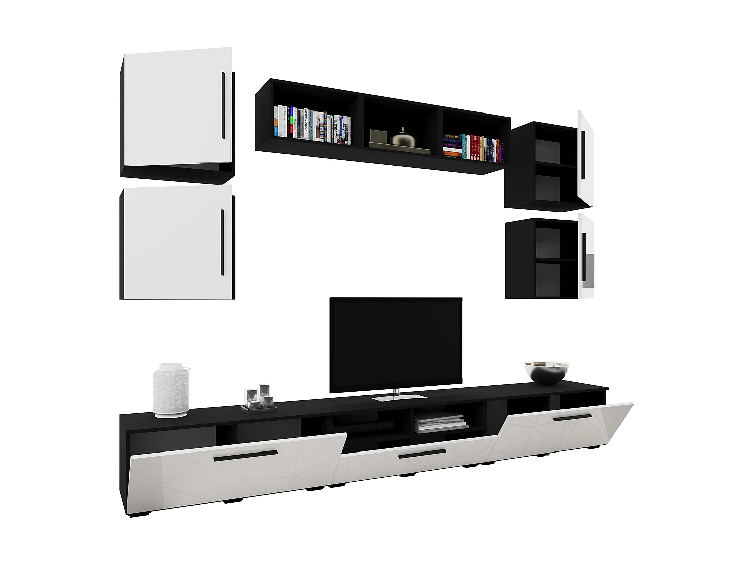 Set 10 pièces living haaus Kos V 3, meubles TV, étagères, étagères avec portes, Noir/Blanc Brillant, MDF, L 285 cm