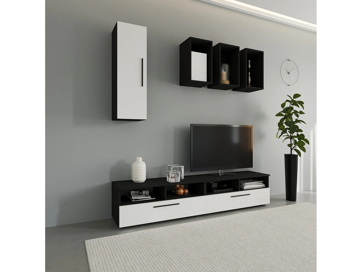 Set 6 pièces living haaus Kos V 12, meubles TV, armoires suspendues, étagères, Noir/Blanc Brillant, MDF, L 190 cm