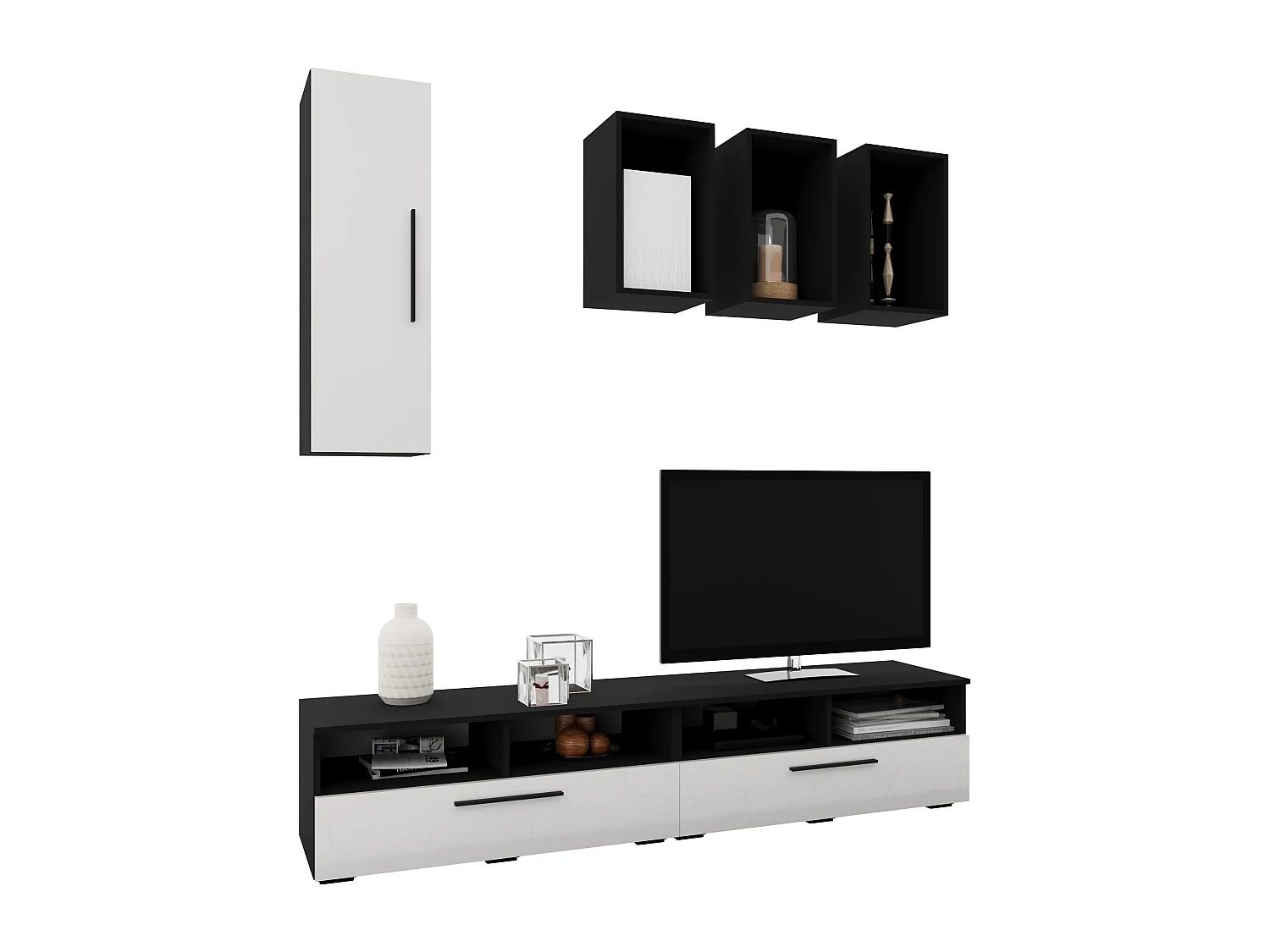 Set 6 pièces living haaus Kos V 12, meubles TV, armoires suspendues, étagères, Noir/Blanc Brillant, MDF, L 190 cm